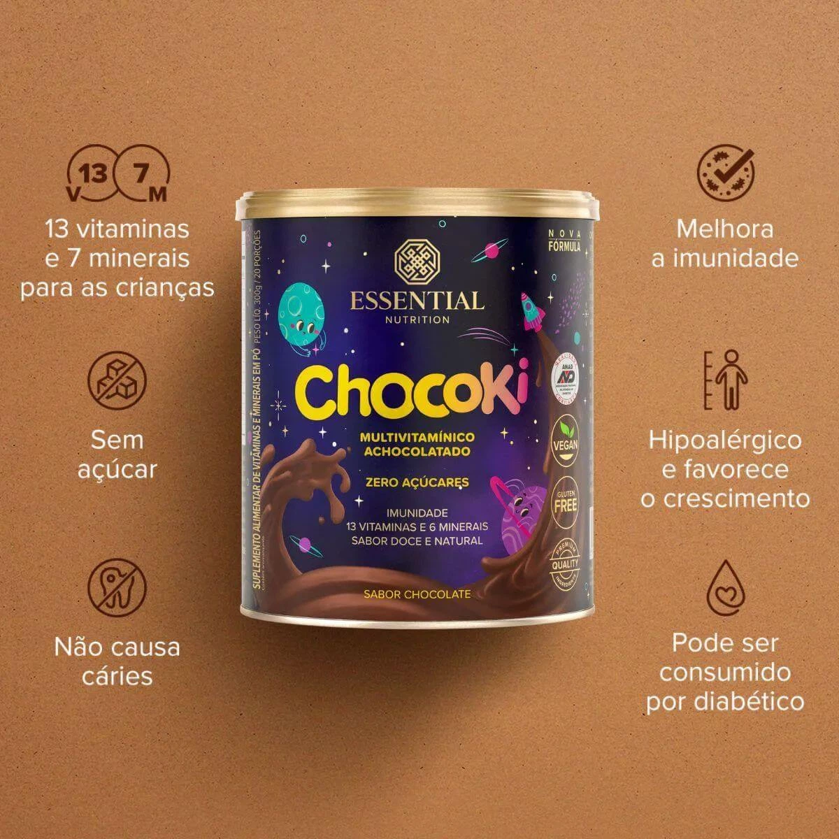 CHOCOKI ACHOCOLATADO MULTIVITAMÍNICO INFANTIL SABOR CHOCOLATE ESSENTIAL 300G — imagem 2 | Farmácia Resyla