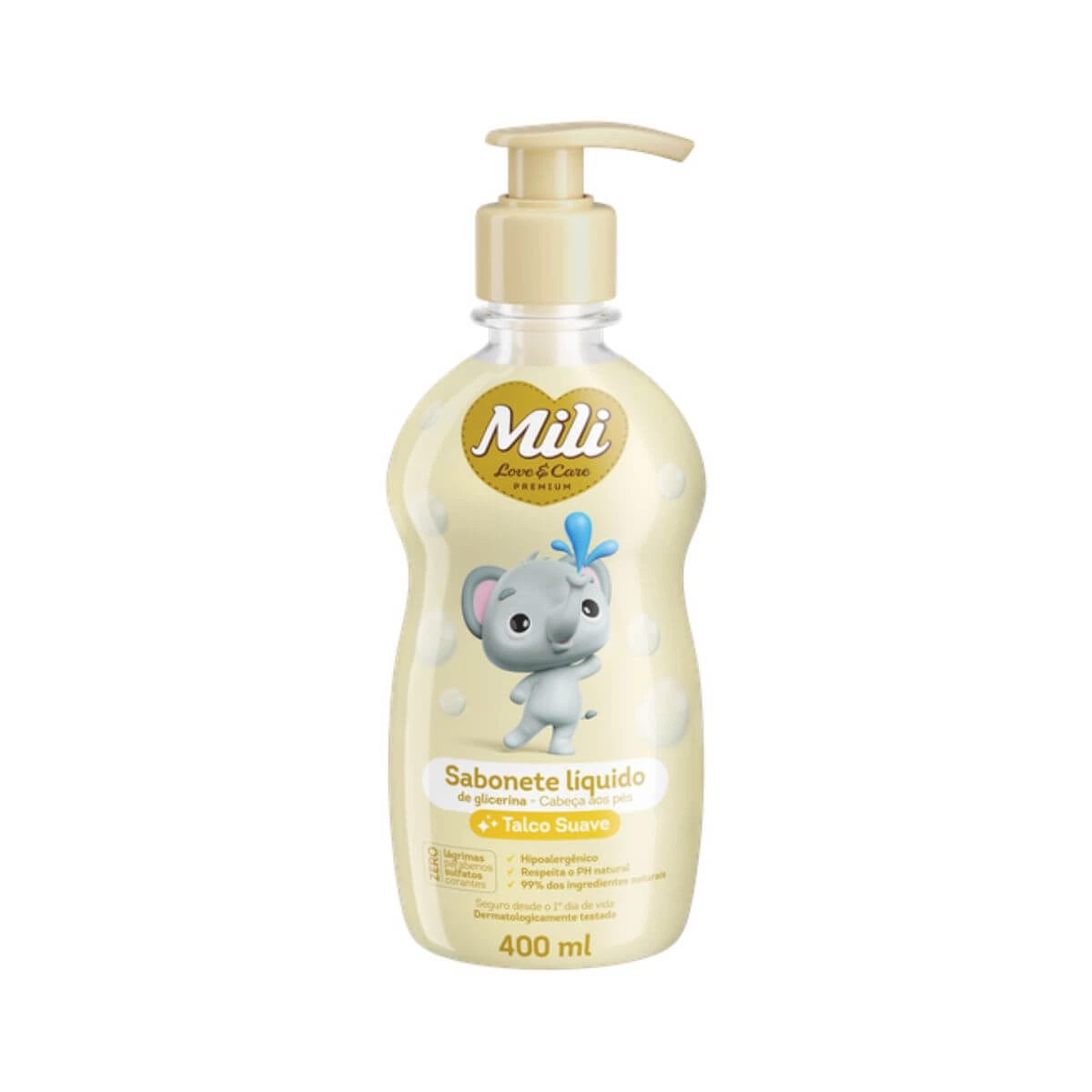 SABONETE LÍQUIDO MILI LOVE CARE TALCO SUAVE 400ML — Mili | Farmácia Resyla