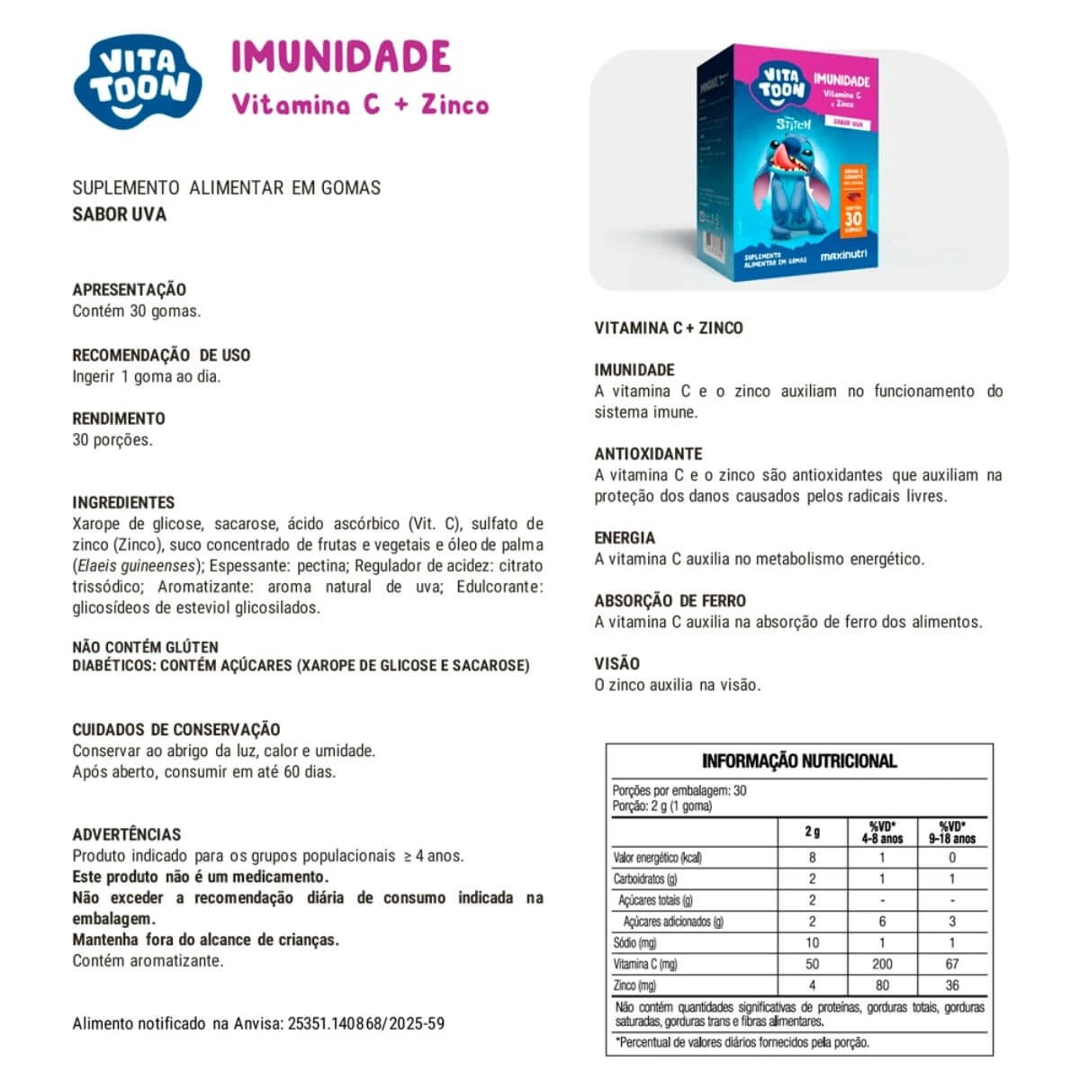 VITATOON STITCH IMUNIDADE UVA 30GOMAS - MAXINUTRI — imagem 4 | Farmácia Resyla