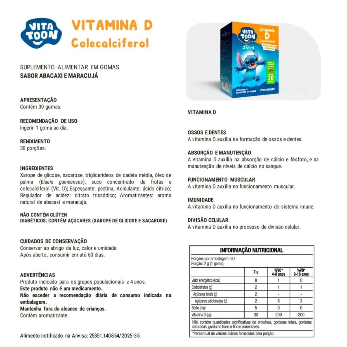 VITATOON STITCH VITAMINA D ABACAXI 30GOMAS - MAXINUTRI — imagem 3 | Farmácia Resyla