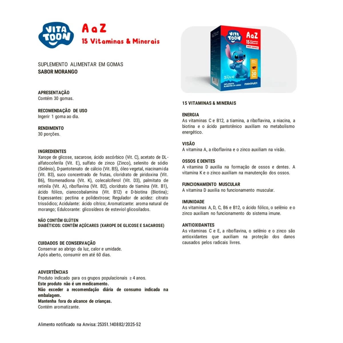 VITAMINA VITATOON A-Z MORANGO 30 GOMAS - MAXINUTRI — imagem 2 | Farmácia Resyla