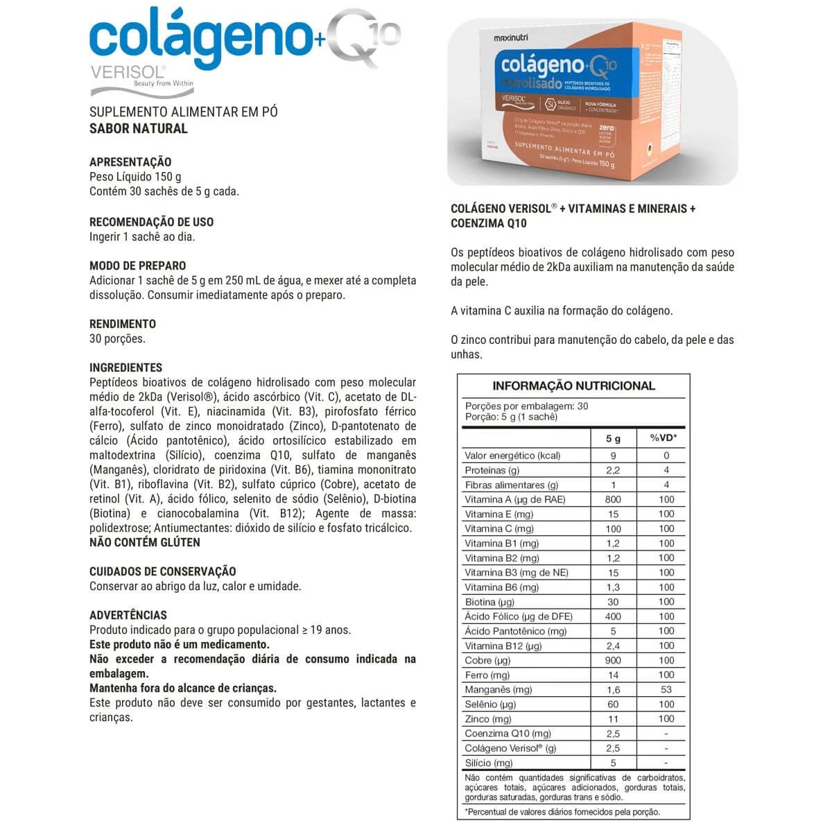 COLAGENO VERISOL + Q10 NATURAL 30SACHES 5G - MAXINUTRI — imagem 3 | Farmácia Resyla