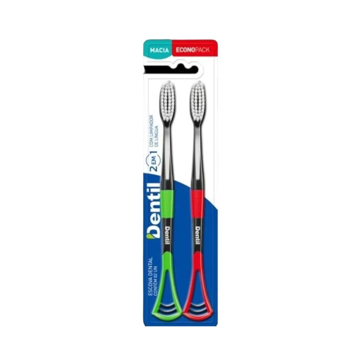 ESCOVA DE DENTE DENTIL MACIA 2 EM 1 C/ LIMPADOR DE LINGUA 2UN — Dentil | Farmácia Resyla
