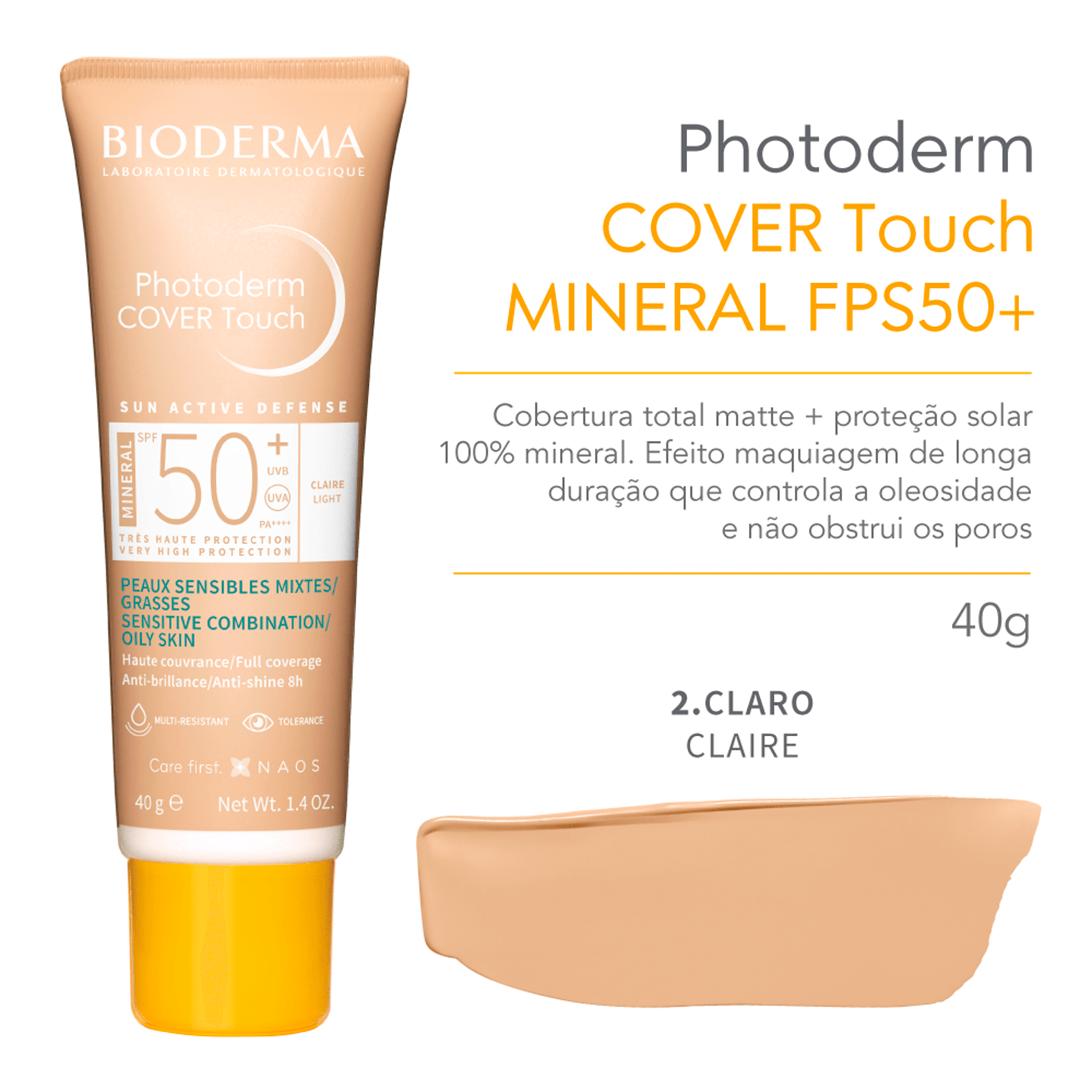 Protetor Solar Facial Bioderma Photoderm Cover Touch Mineral FPS 50+ Cor 2.0 Claro 40ml — imagem 2 | Farmácia Resyla