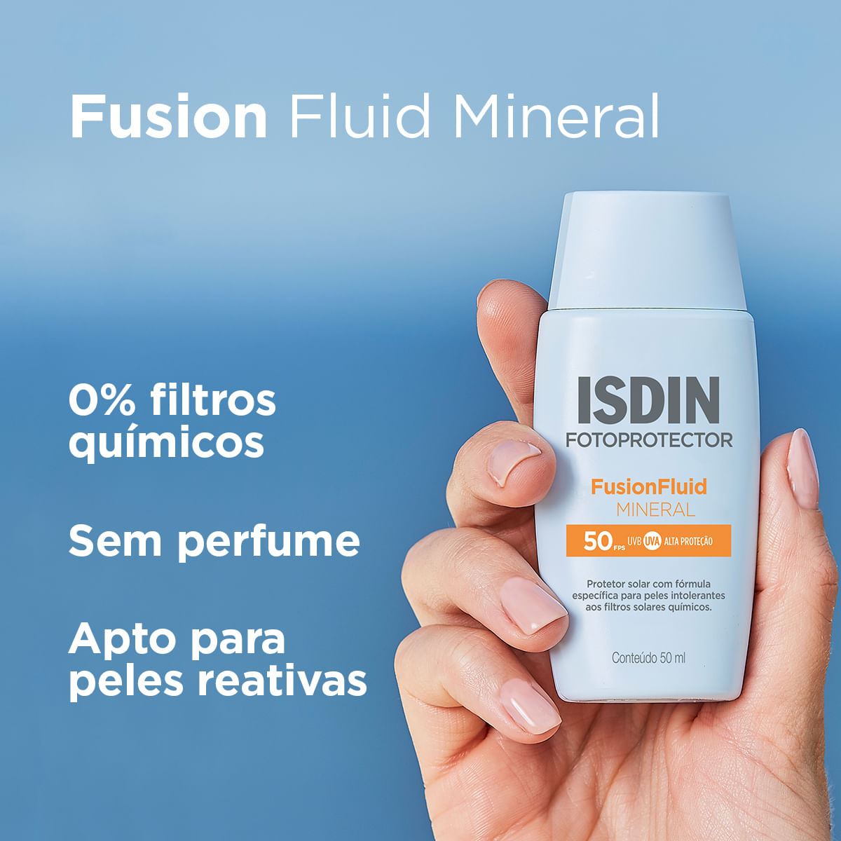 Protetor Solar Facial ISDIN Fusion Fluid Mineral FPS50 Sem Perfume 50ml — imagem 3 | Farmácia Resyla