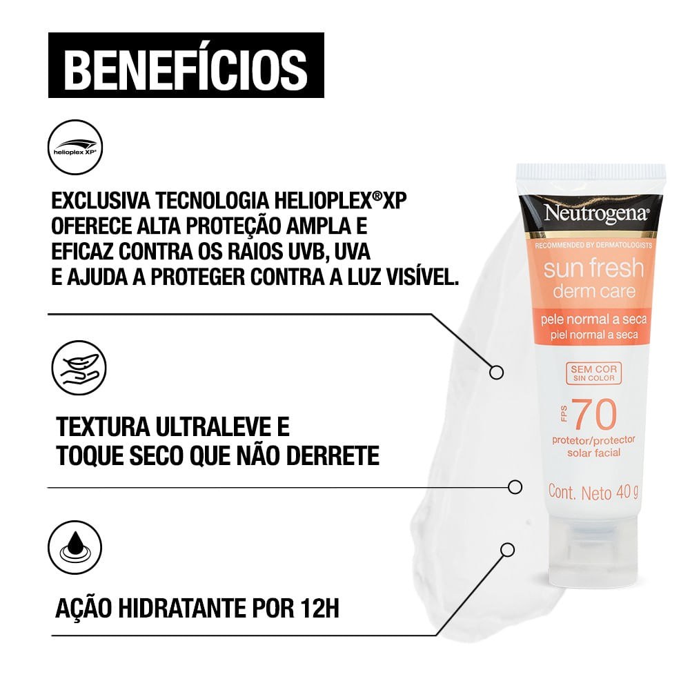 Protetor Solar Facial Neutrogena Sun Fresh Derm Care FPS70 Pele Normal a Seca Sem Cor 40g — imagem 3 | Farmácia Resyla