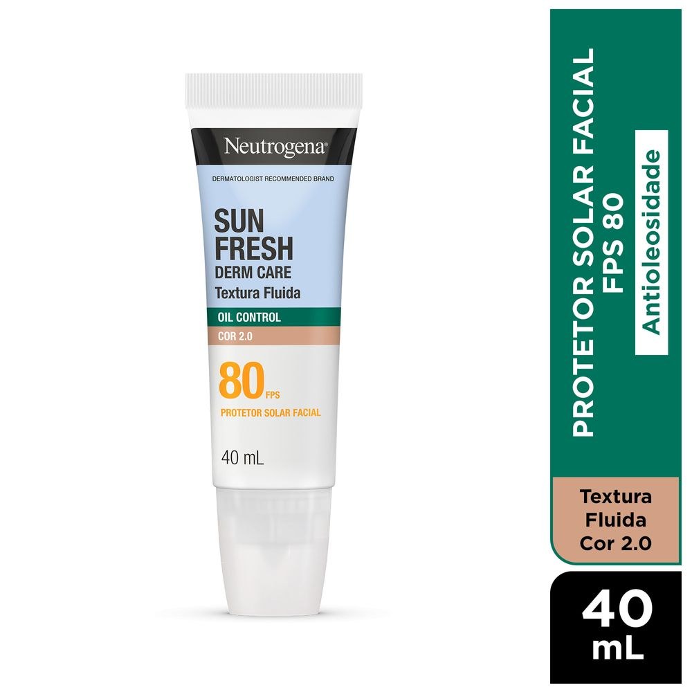 Protetor Solar Facial Neutrogena Sun Fresh Derm Care Oil Control Fluido Cor 2.0 FPS80 40mL — Neutrogena | Farmácia Resyla