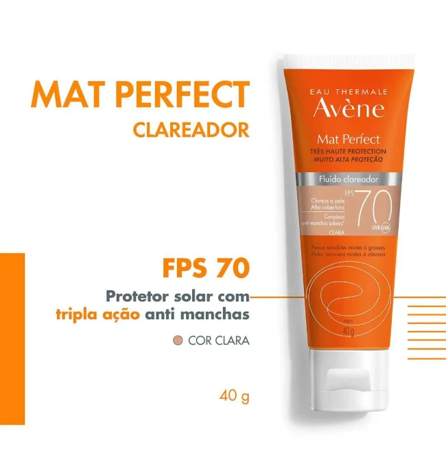 Protetor Solar Facial Avène Mat Perfect FPS70 Fluido Clareador Claro 40g — imagem 2 | Farmácia Resyla
