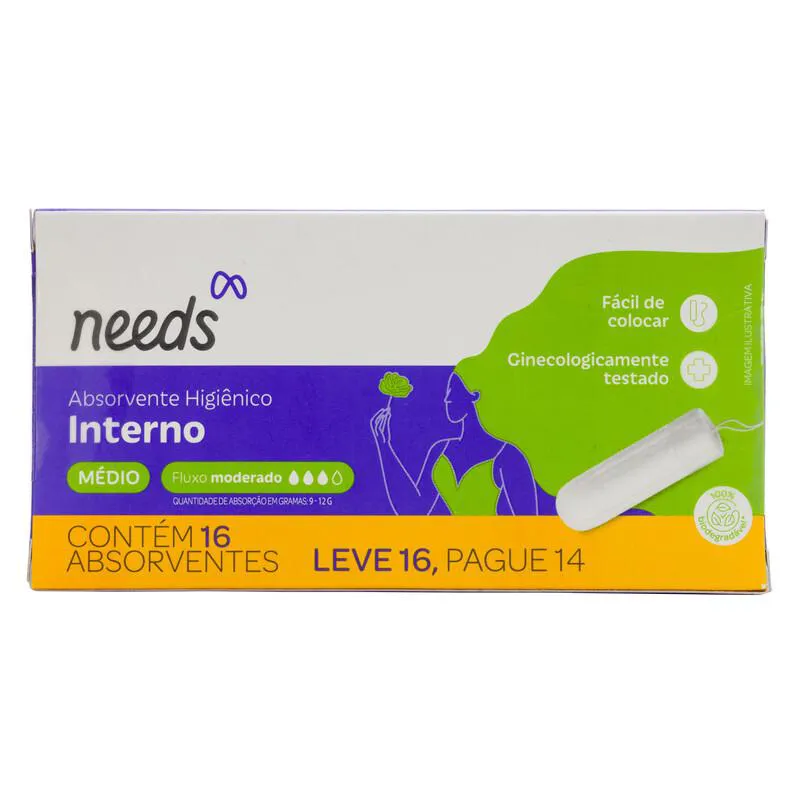 Absorvente Interno Needs Médio Fluxo Moderado 16 Unidades — Needs | Farmácia Resyla