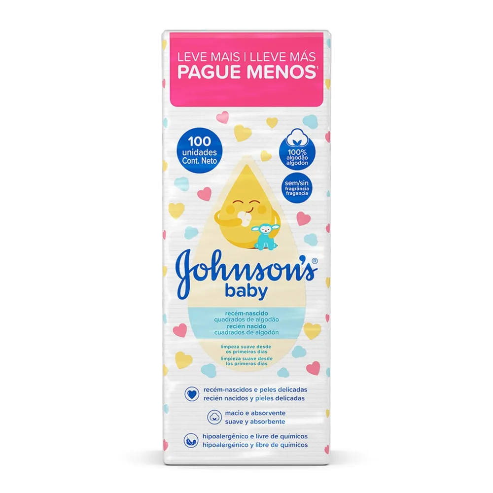 Algodao Quadrado Johnson ́s Baby Para Recem Nascido Com 100 Unidades — Johnson | Farmácia Resyla