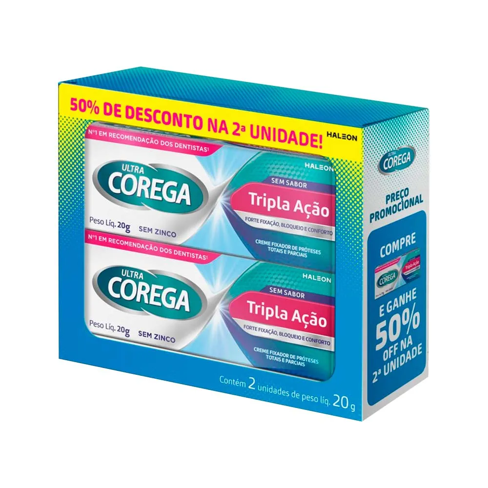 Creme Fixador De Proteses Dentarias Corega Tripla Acao Sem Sabor Com 2 Unidades De 20gr Cada Promocional — Corega | Farmácia Resyla