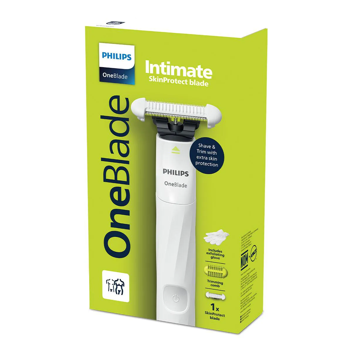 Depilador Philips OneBlade Intimate 1 unidade de lâmina Skin Protect + 1 pente corporal 3mm + 1 luva de esfoliação — Philips | Farmácia Resyla