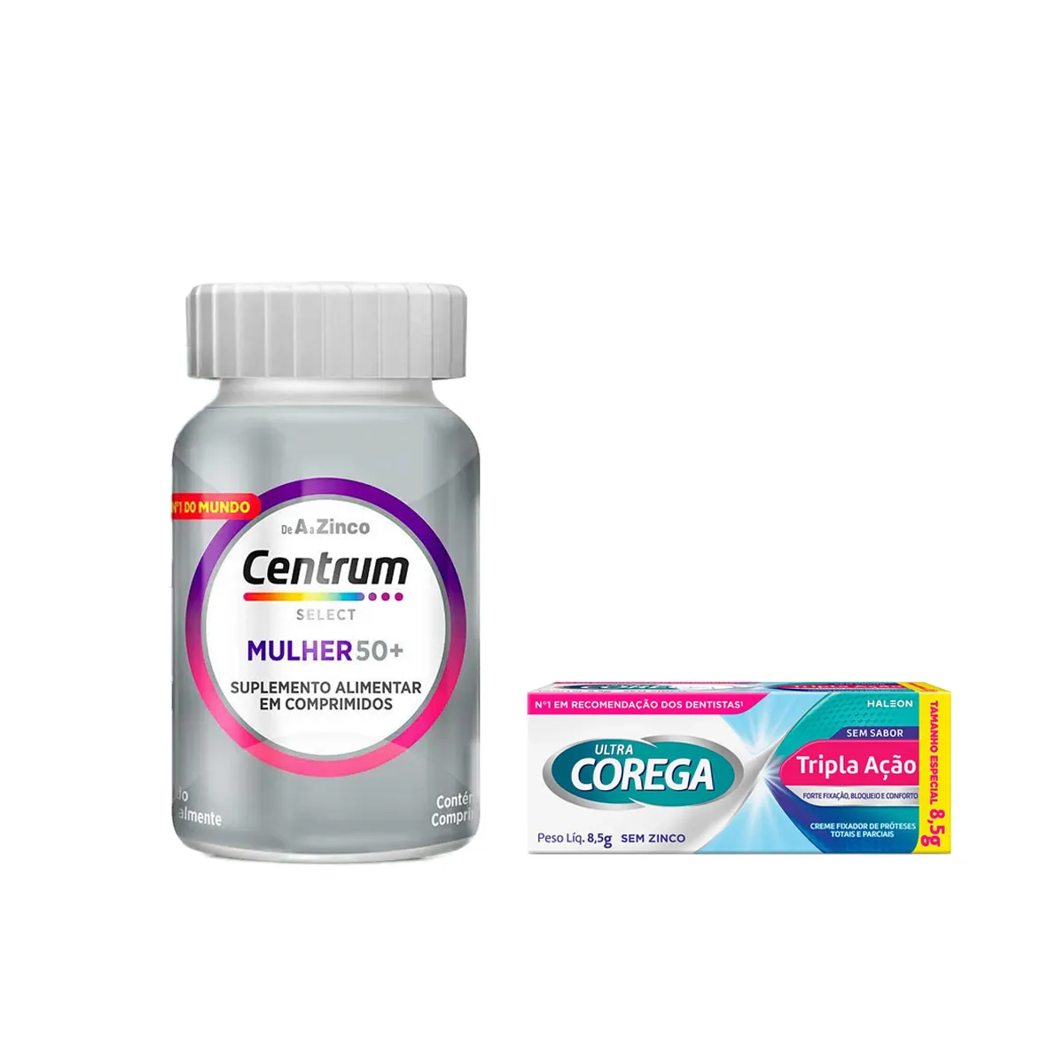 Kit Creme Fixador de Dentadura Ultra Corega Tripla Ação Sem Sabor 8,5g + Polivitamínico Centrum Select Mulher 50+ 60 comprimidos — Centrum | Farmácia Resyla