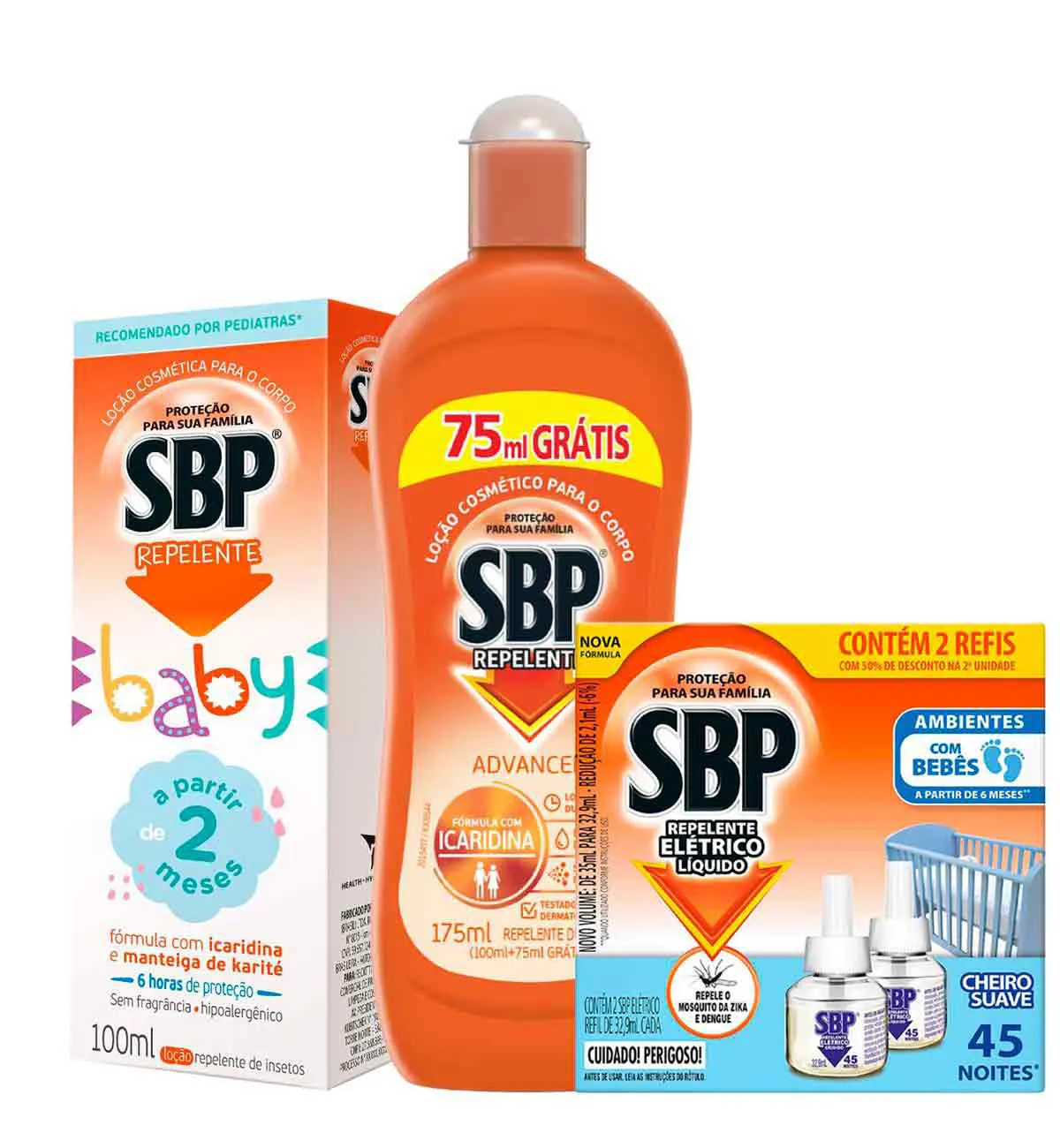 Kit Repelente SBP Advanced Loção + Infantil Baby Icaridina Sem Fragrância Loção + Refil Elétrico Líquido Cheiro Suave 2 Unidades — SBP | Farmácia Resyla