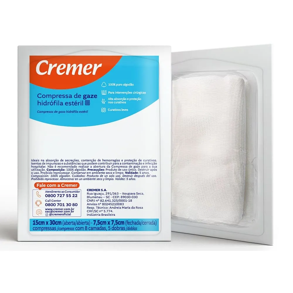 Compressa Gaze Cremer C/5 15cmx30cm Esteril — Cremer | Farmácia Resyla