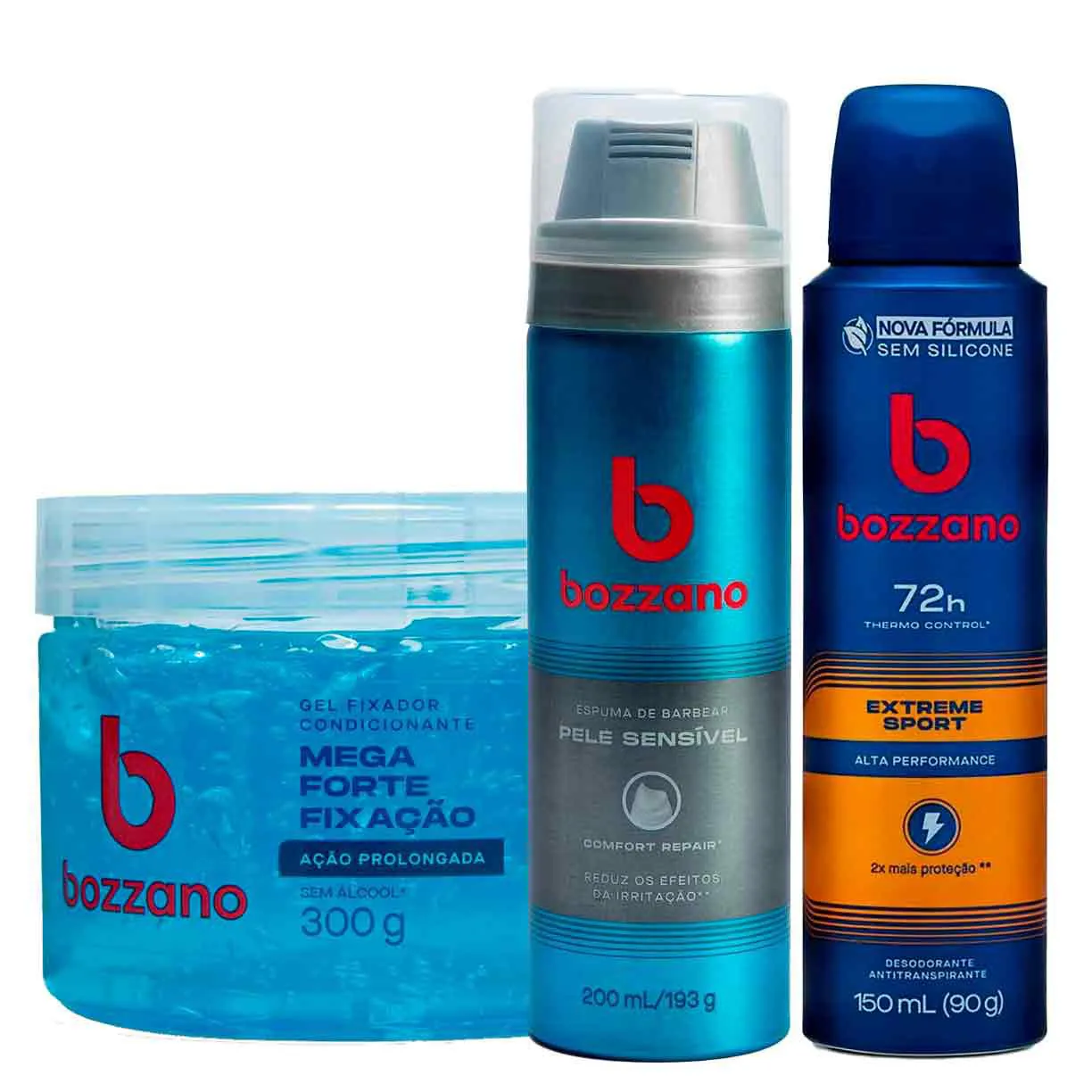 Kit Bozzano Masculino Gel Fixador Condicionante Ação Prolongada + Espuma de Barbear Pele Sensível + Desodorante Antitranspirante Aerosol Extreme Sport 72h — Bozzano | Farmácia Resyla
