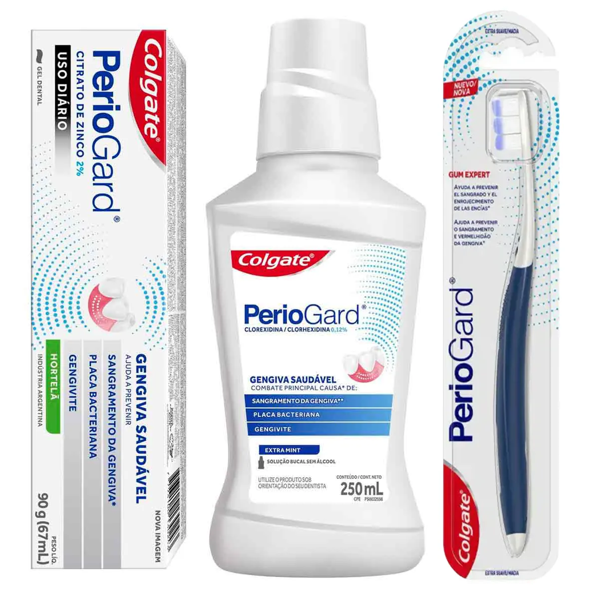 Kit Cuidado com a Gengiva Periogard Pasta de Dente em Gel Sabor Hortelã + Escova de Dente Extra Macia + Enxaguante Bucal Sem Álcool Extra Mint — Periogard | Farmácia Resyla