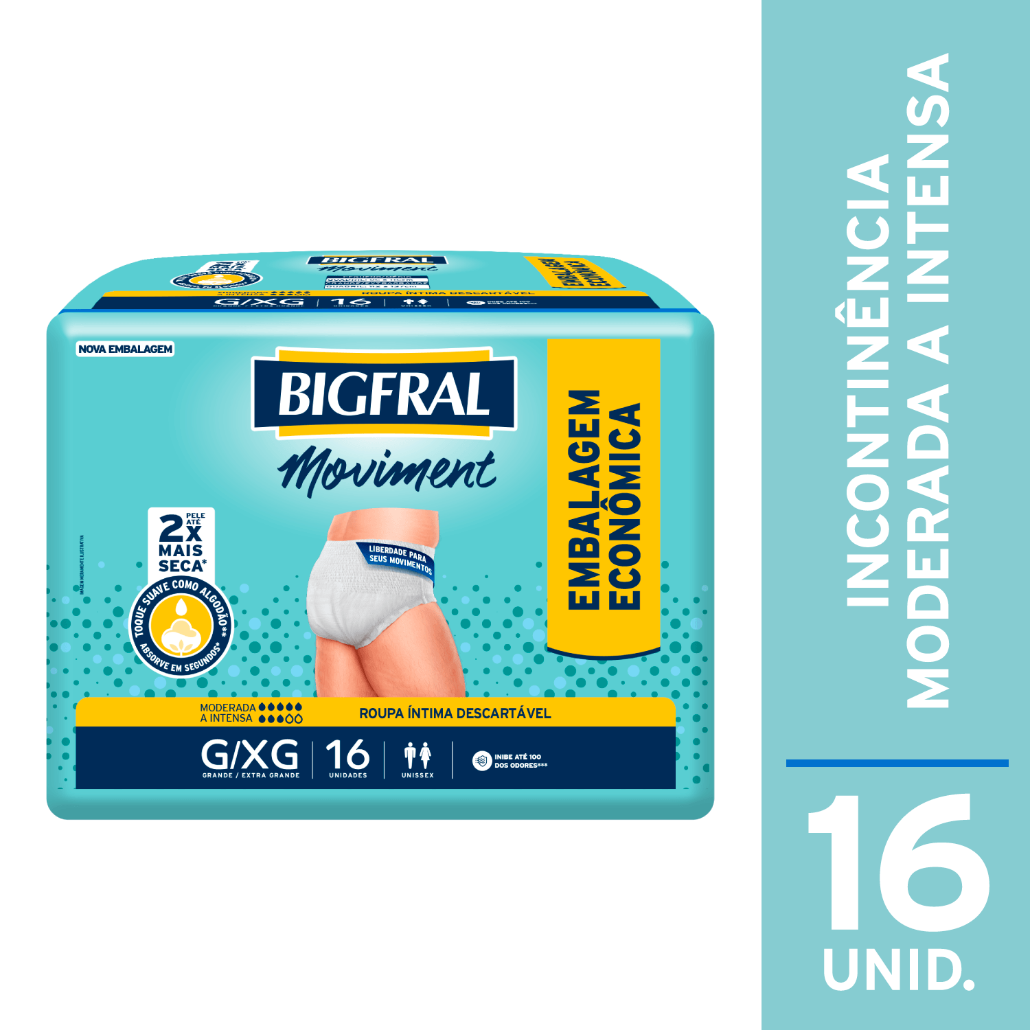 Roupa Íntima Descartável Bigfral Moviment Incontinência Urinária Moderada a Intensa G/XG 16 Unidades — Bigfral | Farmácia Resyla
