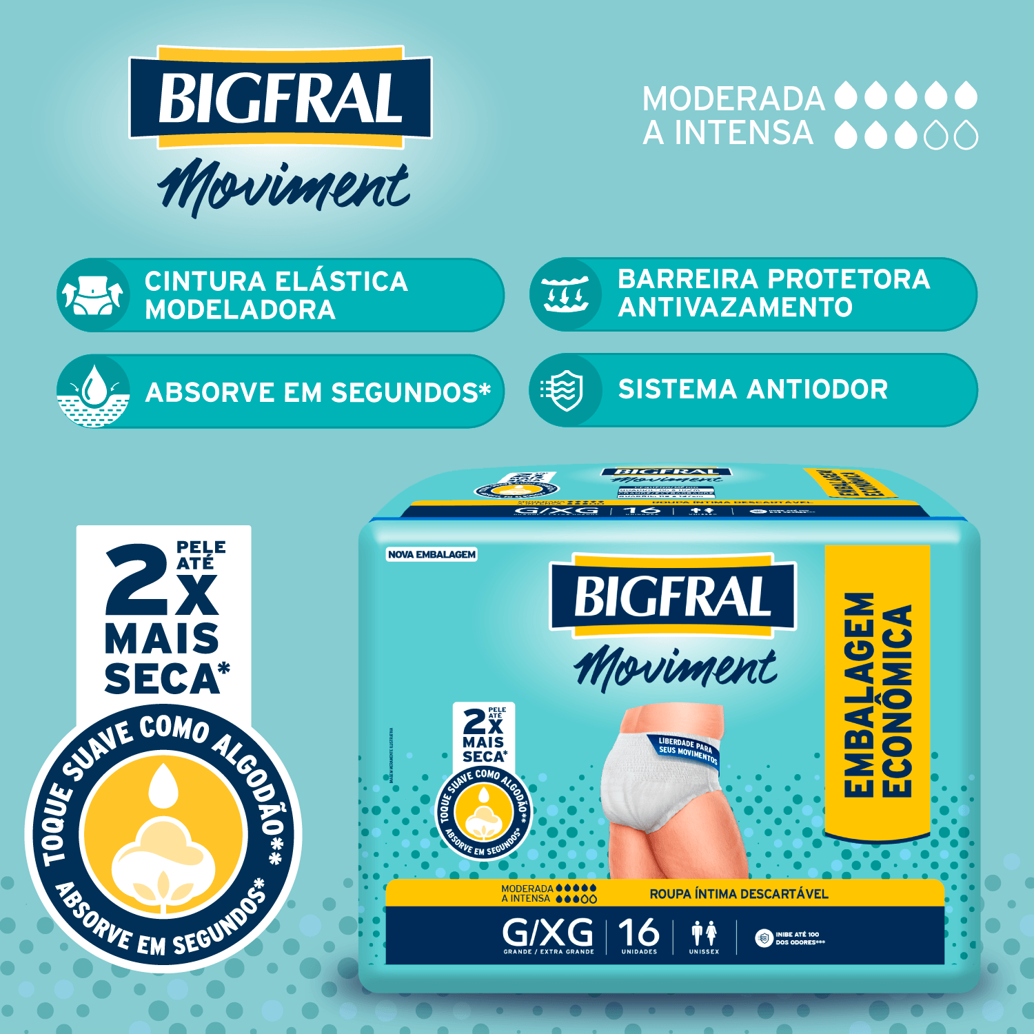 Roupa Íntima Descartável Bigfral Moviment Incontinência Urinária Moderada a Intensa G/XG 16 Unidades — imagem 3 | Farmácia Resyla