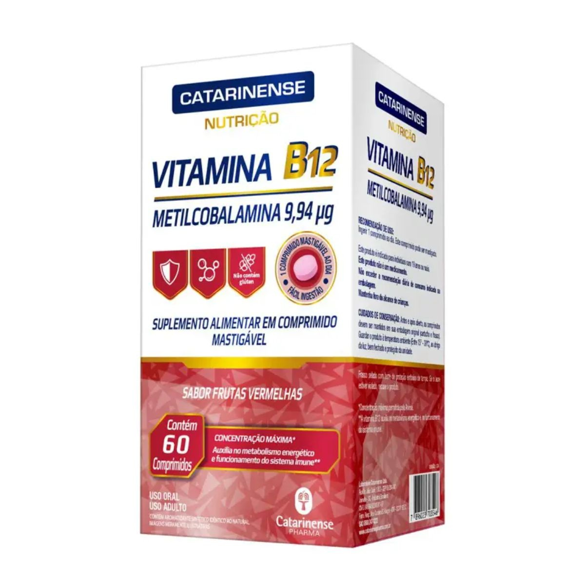 VITAMINA B12 CATARINENSE NUTRIÇÃO SABOR FRUTAS VERMELHAS 60 COMPRIMIDOS MASTIGÁVEIS — Catarinense | Farmácia Resyla